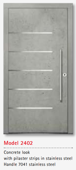 UNILUX Model 2402 Concrete Look Timber Door, Stainless Steel Pilaster, Modern Design, Triple Glazing, Security Lock